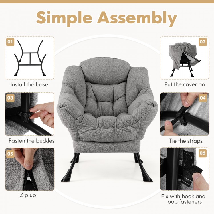 Sherpa upholstered accent chair in gray with ergonomic design, cozy head pillow, and anti-slip foot pads for comfort.